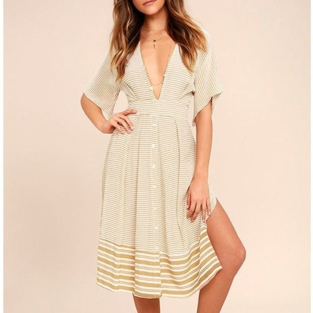Faithfull the Brand Cream and Tan Striped Midi Dress